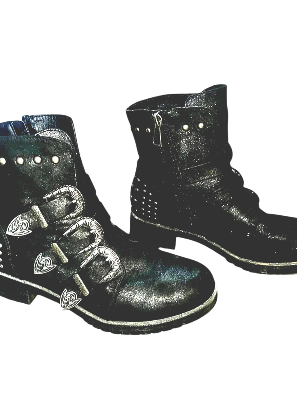 Wild Diva Black Shimmer Studded Triple Buckle Moto Biker Ankle Boots Womens 8